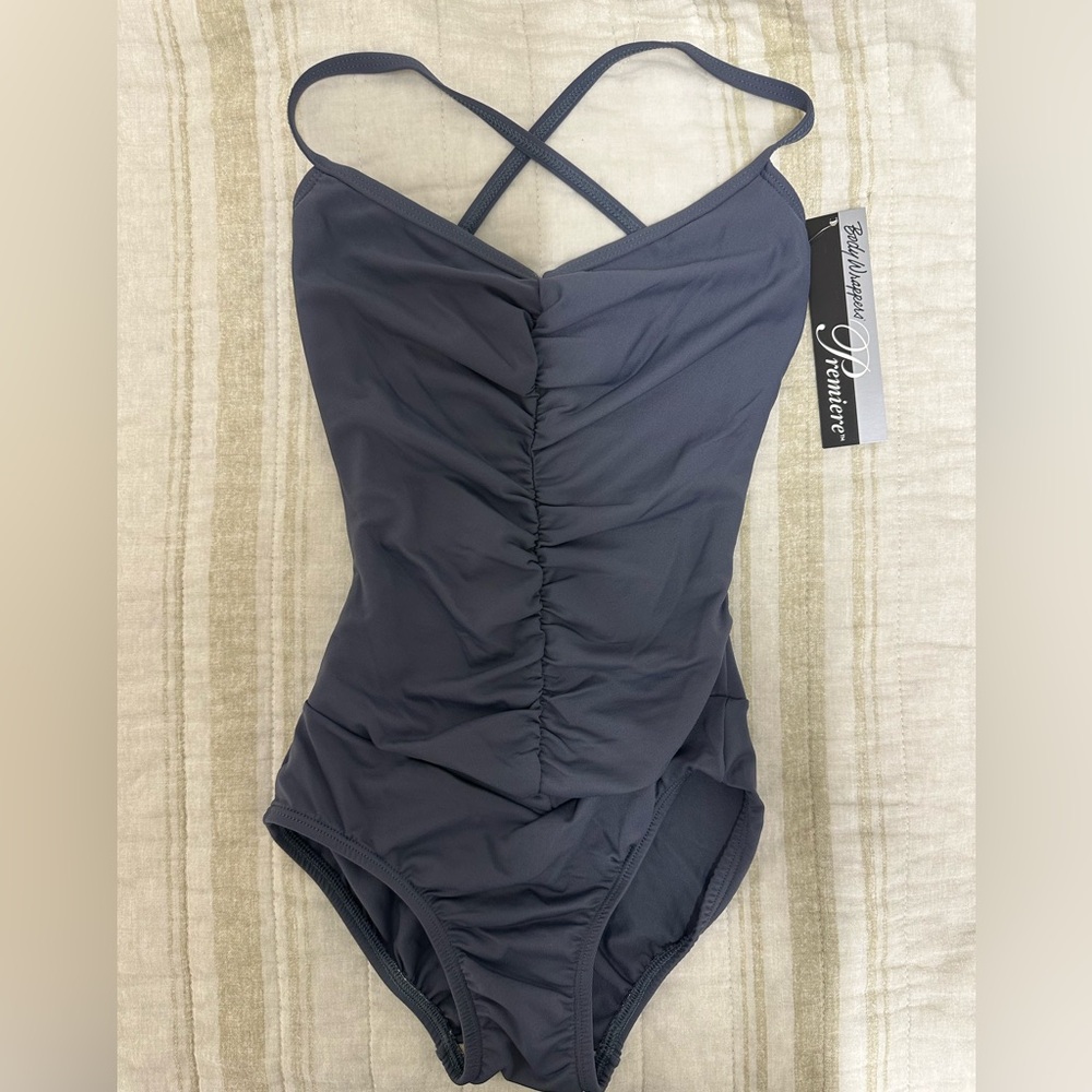 Charcoal gray body wrappers  “Premiere Collection” shirred ballet leotard #P522